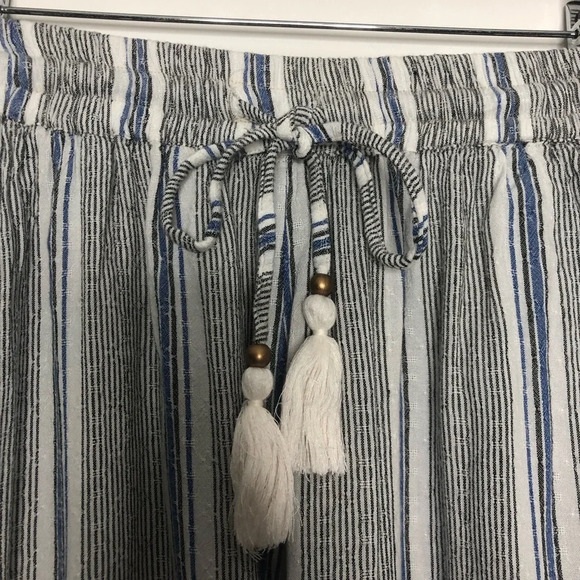Angie Boho  Striped Pants Blue White Black S Elastic Waistband Tassels Pockets - Picture 6 of 12